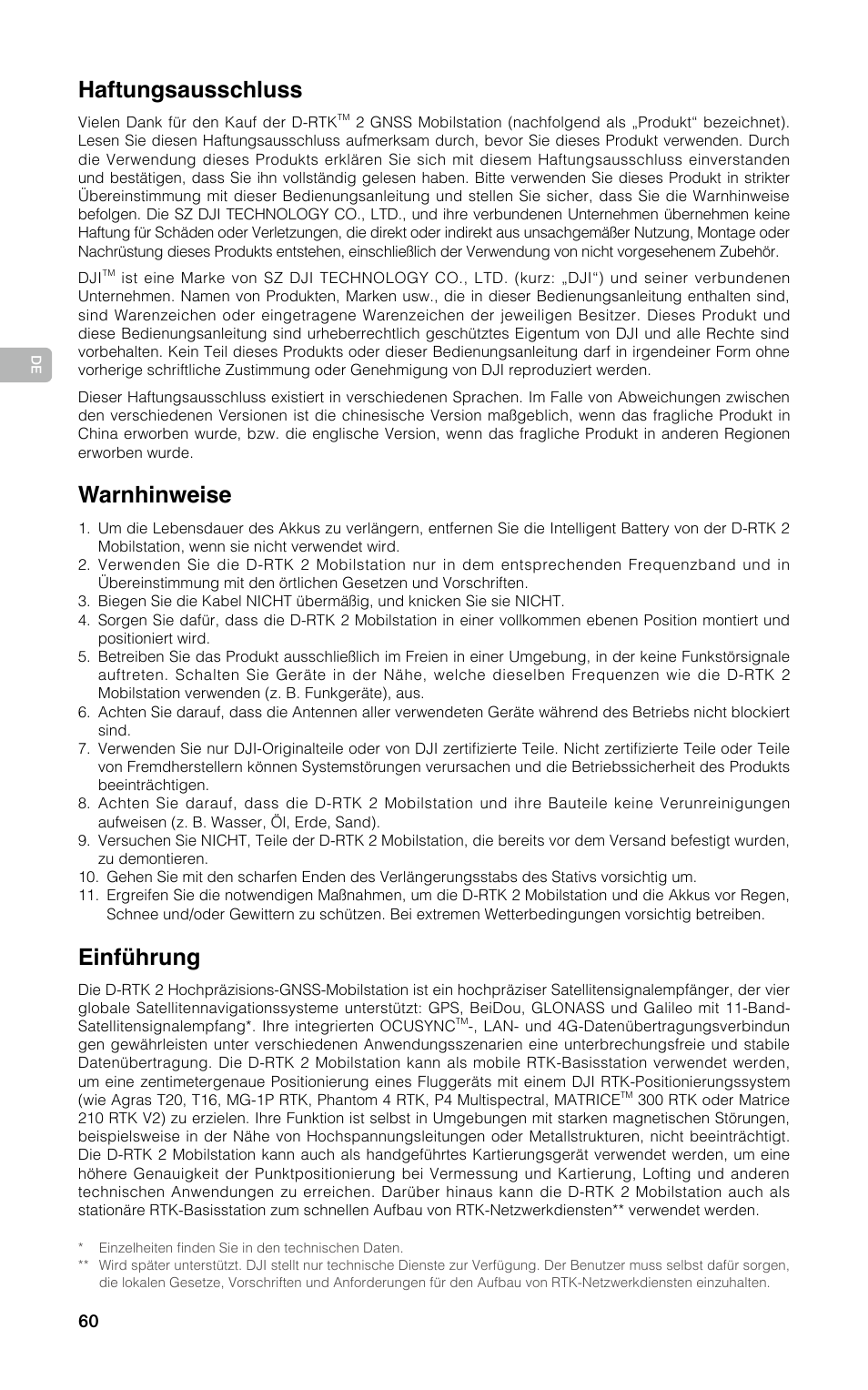 Bedienungsanleitung, Haftungsausschluss, Warnhinweise | Einführung | DJI D-RTK 2 High-Precision GNSS Mobile Station User Manual | Page 61 / 163