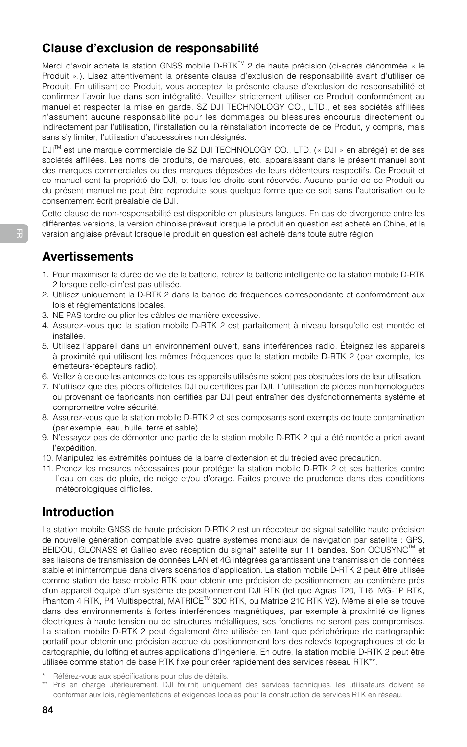 Guide de l’utilisateur, Clause d’exclusion de responsabilité, Avertissements | Introduction | DJI D-RTK 2 High-Precision GNSS Mobile Station User Manual | Page 85 / 163