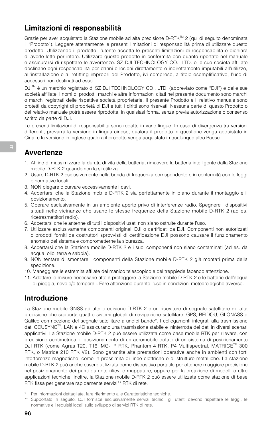 Guida dell’utente, Limitazioni di responsabilità, Avvertenze | Introduzione | DJI D-RTK 2 High-Precision GNSS Mobile Station User Manual | Page 97 / 163