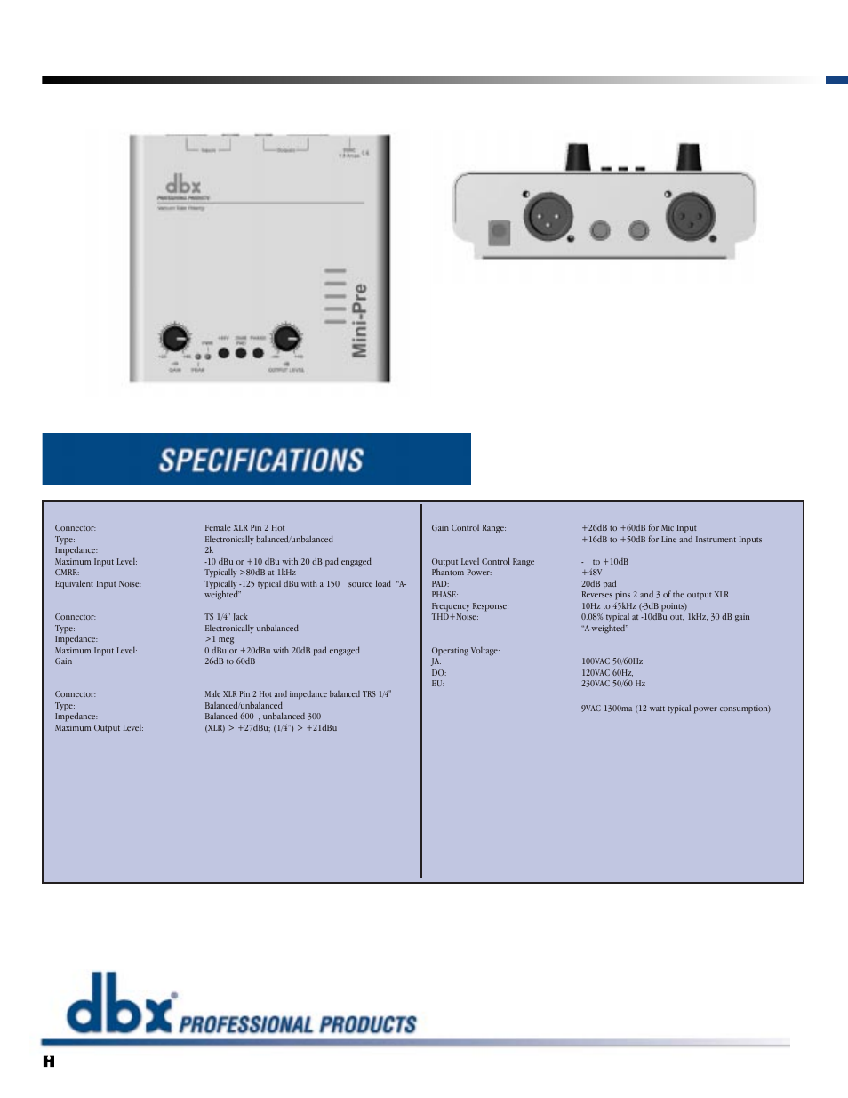 Mini-pre, Vacuum tube microphone preamplifier | dbx Pro Mini-Pre Vacuum Tube Microphone Preamplifier User Manual | Page 2 / 2