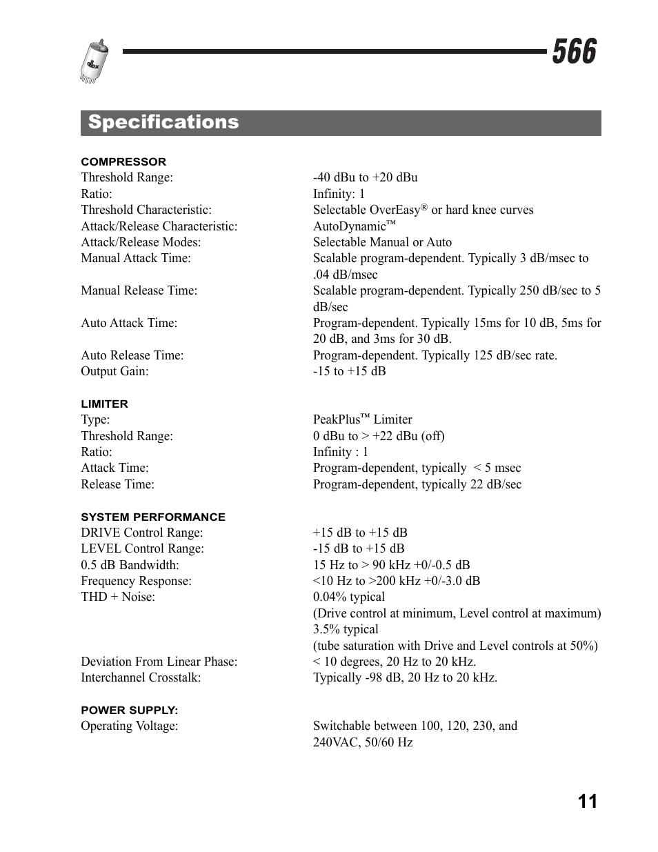 Specifications | dbx Pro 566 User Manual | Page 13 / 16