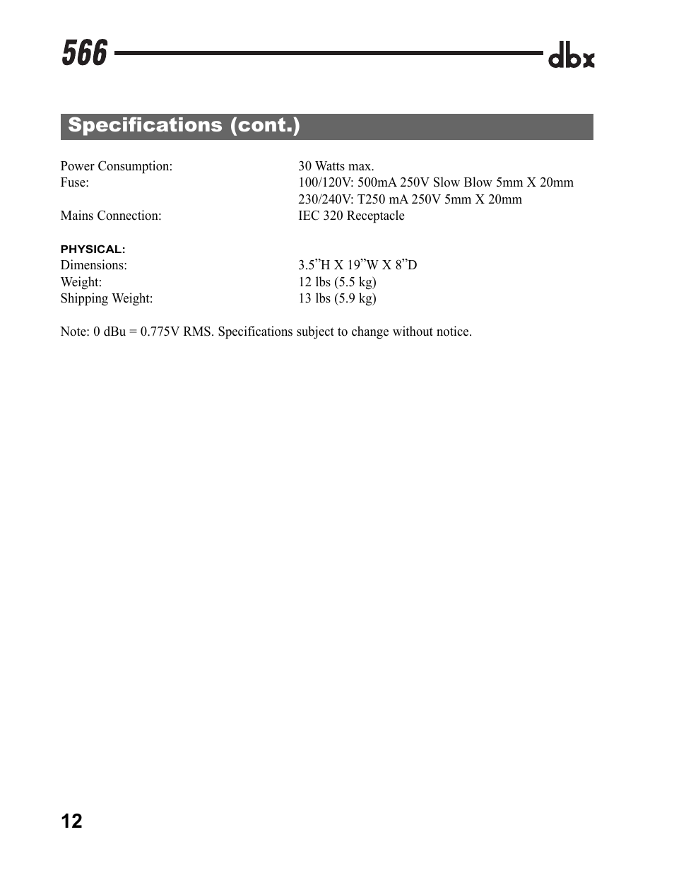 Specifications (cont.) | dbx Pro 566 User Manual | Page 14 / 16