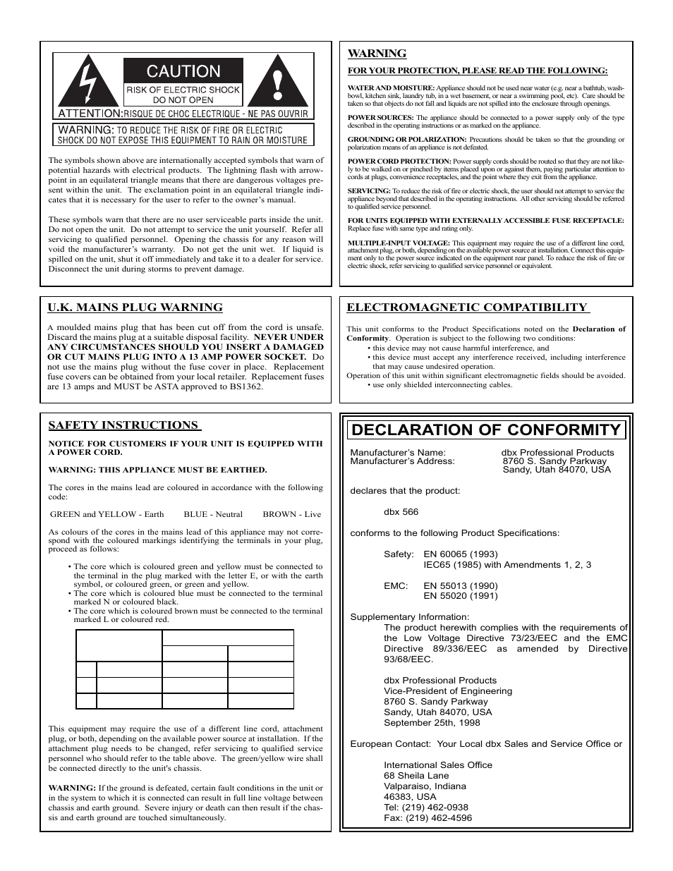 Declaration of conformity, Warning, Safety instructions | U.k. mains plug warning, Electromagnetic compatibility | dbx Pro 566 User Manual | Page 2 / 16