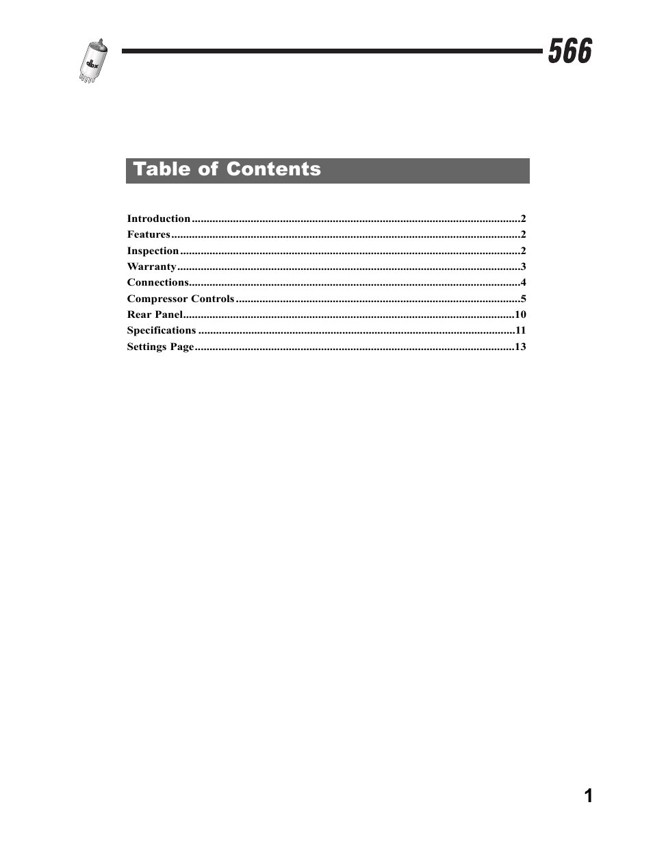 1table of contents | dbx Pro 566 User Manual | Page 3 / 16