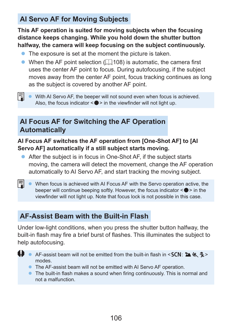 Ai servo, 106 ai servo af for moving subjects, Af-assist beam with the built-in flash | Canon EOS Rebel SL3 DSLR Camera with 18-55mm Lens (Black) User Manual | Page 106 / 493