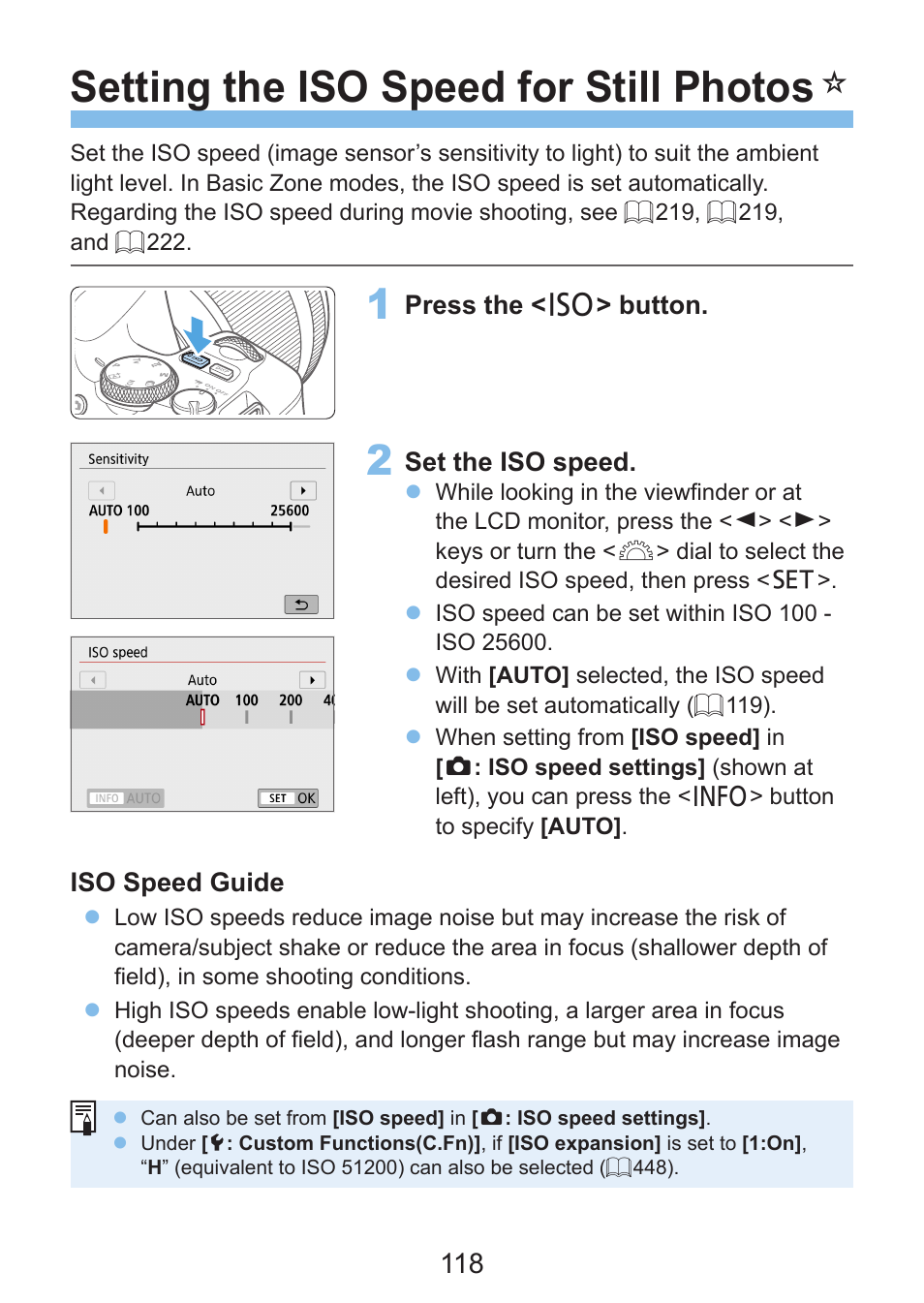 118 (iso speed setting), Setting the iso speed for still photos | Canon EOS Rebel SL3 DSLR Camera with 18-55mm Lens (Black) User Manual | Page 118 / 493