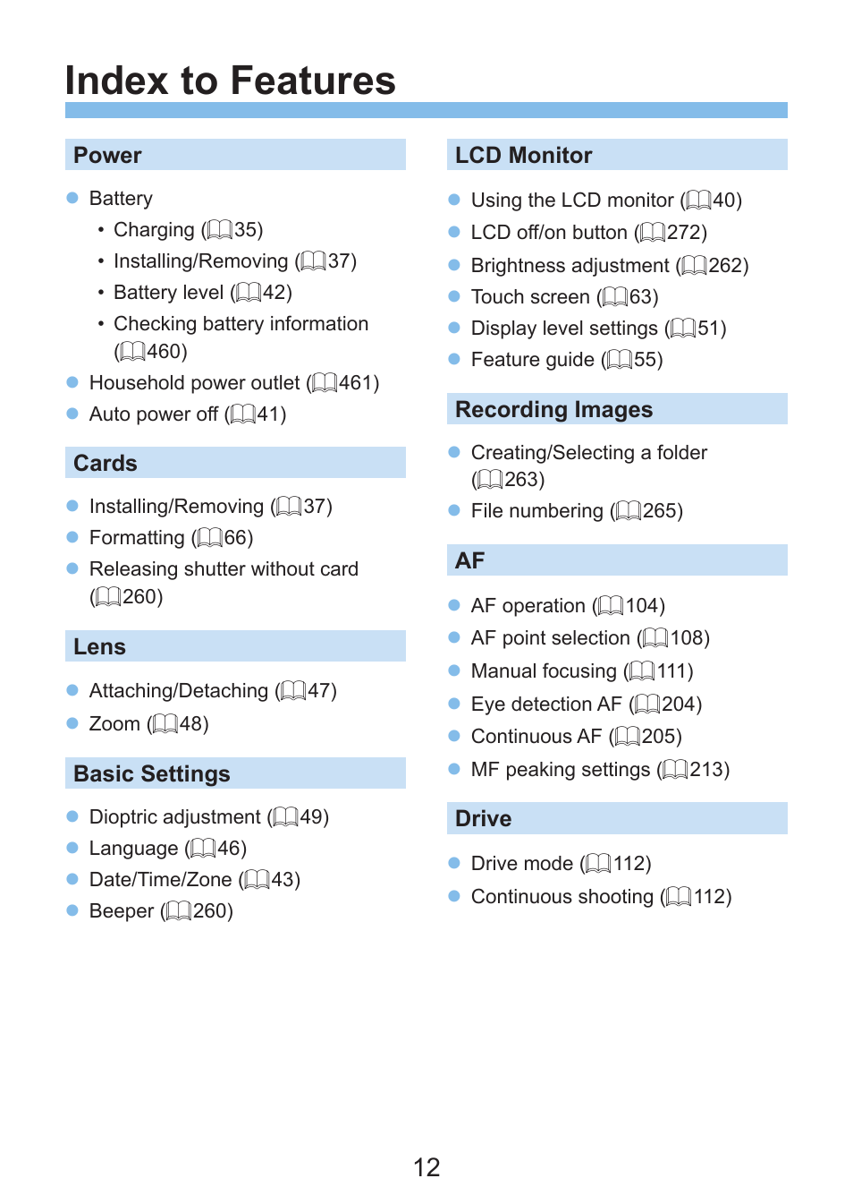 Index to features | Canon EOS Rebel SL3 DSLR Camera with 18-55mm Lens (Black) User Manual | Page 12 / 493
