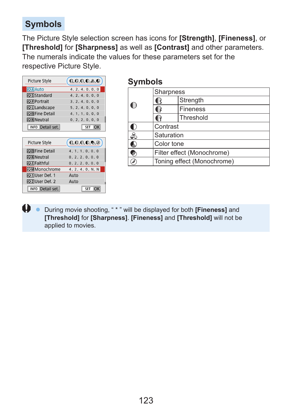 123 symbols, Symbols | Canon EOS Rebel SL3 DSLR Camera with 18-55mm Lens (Black) User Manual | Page 123 / 493