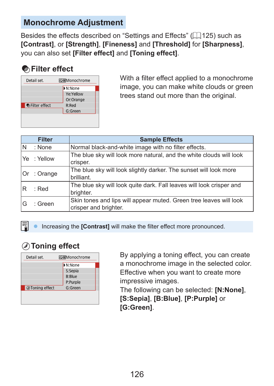 126 monochrome adjustment, Kfilter effect, Ltoning effect | Canon EOS Rebel SL3 DSLR Camera with 18-55mm Lens (Black) User Manual | Page 126 / 493