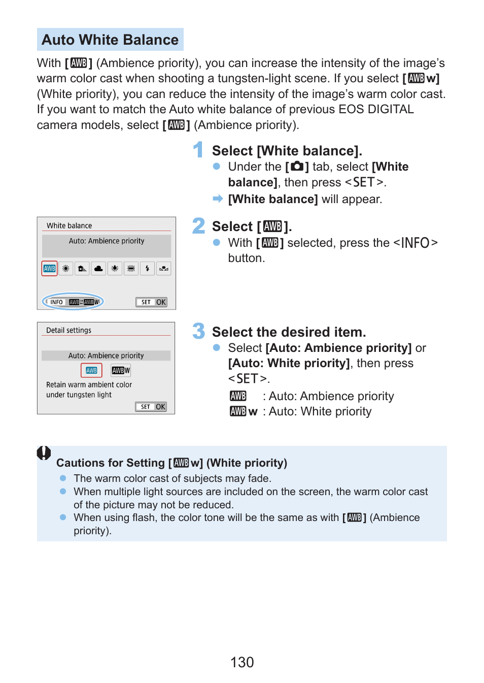 130 auto white balance | Canon EOS Rebel SL3 DSLR Camera with 18-55mm Lens (Black) User Manual | Page 130 / 493