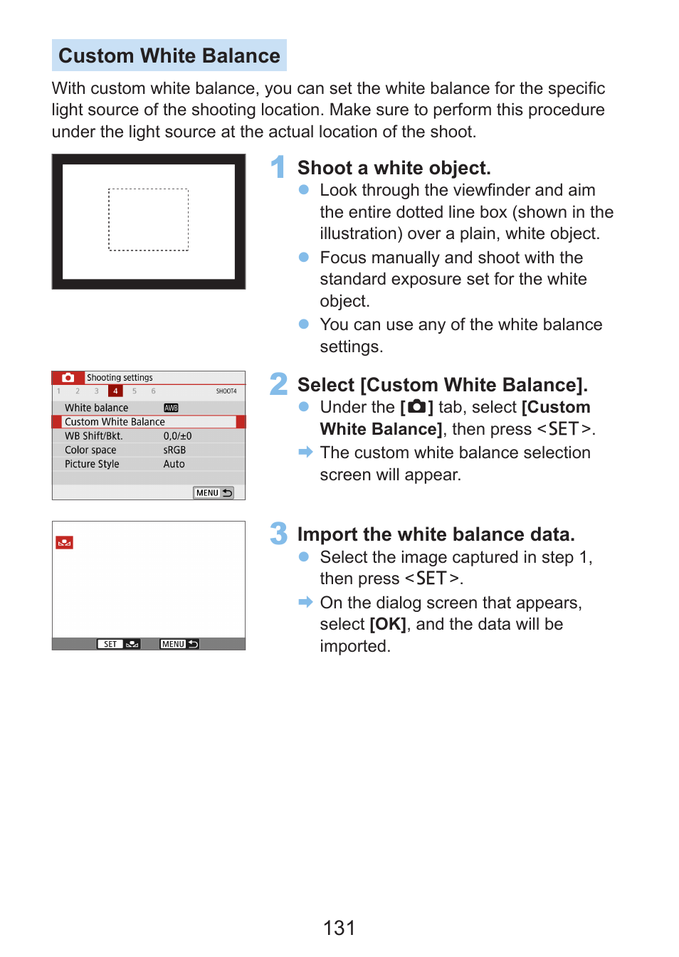 131 custom white balance | Canon EOS Rebel SL3 DSLR Camera with 18-55mm Lens (Black) User Manual | Page 131 / 493