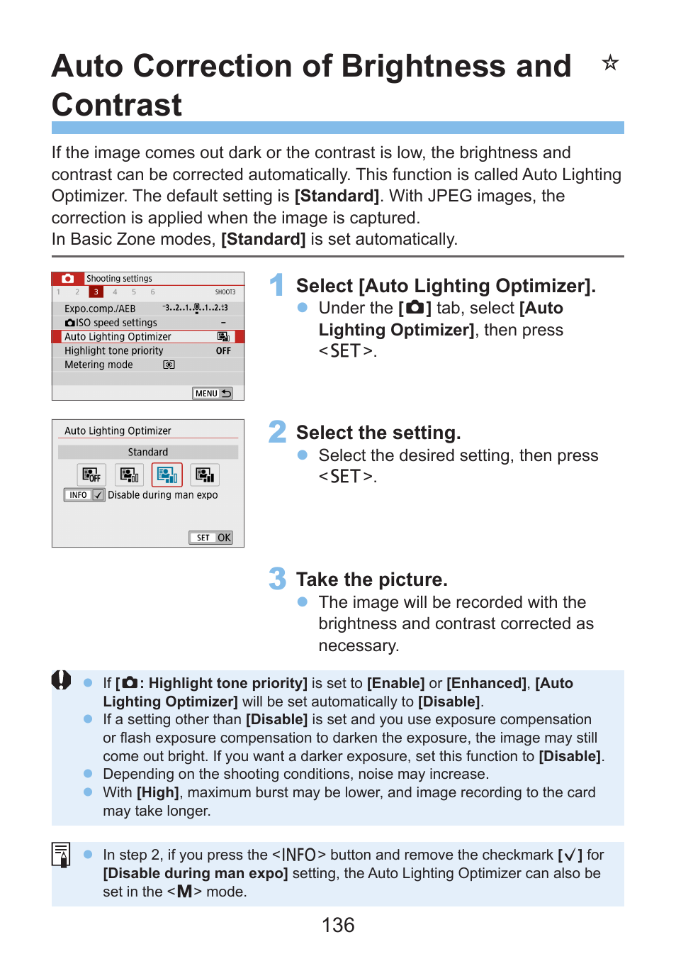 Auto correction of brightness and contrast | Canon EOS Rebel SL3 DSLR Camera with 18-55mm Lens (Black) User Manual | Page 136 / 493