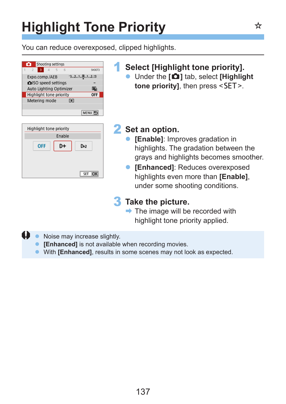 Highlight tone priority | Canon EOS Rebel SL3 DSLR Camera with 18-55mm Lens (Black) User Manual | Page 137 / 493