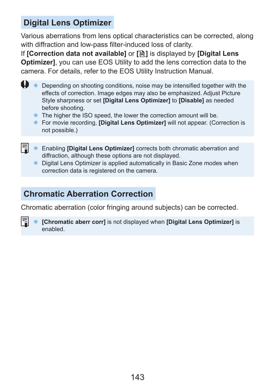 Is displayed, see “digital lens, Optimizer, 143 digital lens optimizer | Chromatic aberration correction | Canon EOS Rebel SL3 DSLR Camera with 18-55mm Lens (Black) User Manual | Page 143 / 493