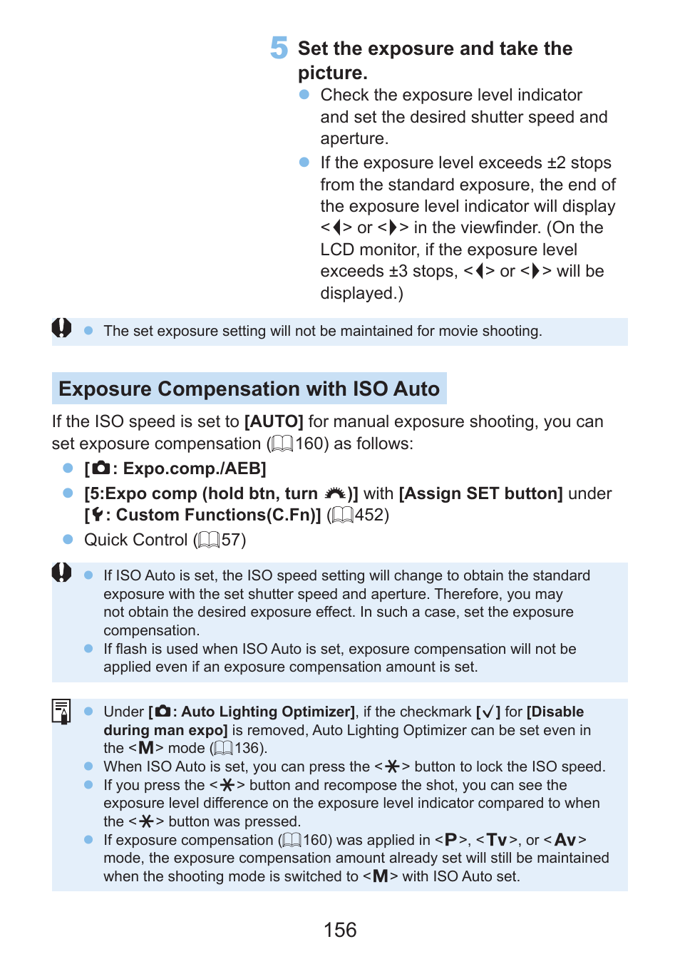 Auto, Exposure compensation with iso auto, Set the exposure and take the picture | Canon EOS Rebel SL3 DSLR Camera with 18-55mm Lens (Black) User Manual | Page 156 / 493