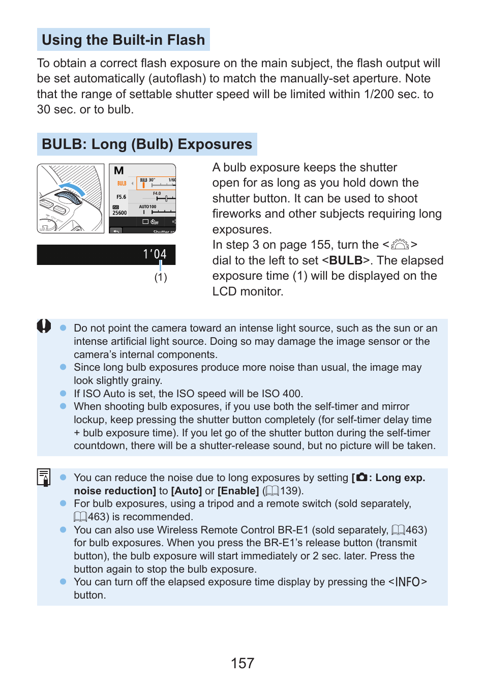 Bulb, 157 using the built-in flash, Bulb: long (bulb) exposures | Canon EOS Rebel SL3 DSLR Camera with 18-55mm Lens (Black) User Manual | Page 157 / 493
