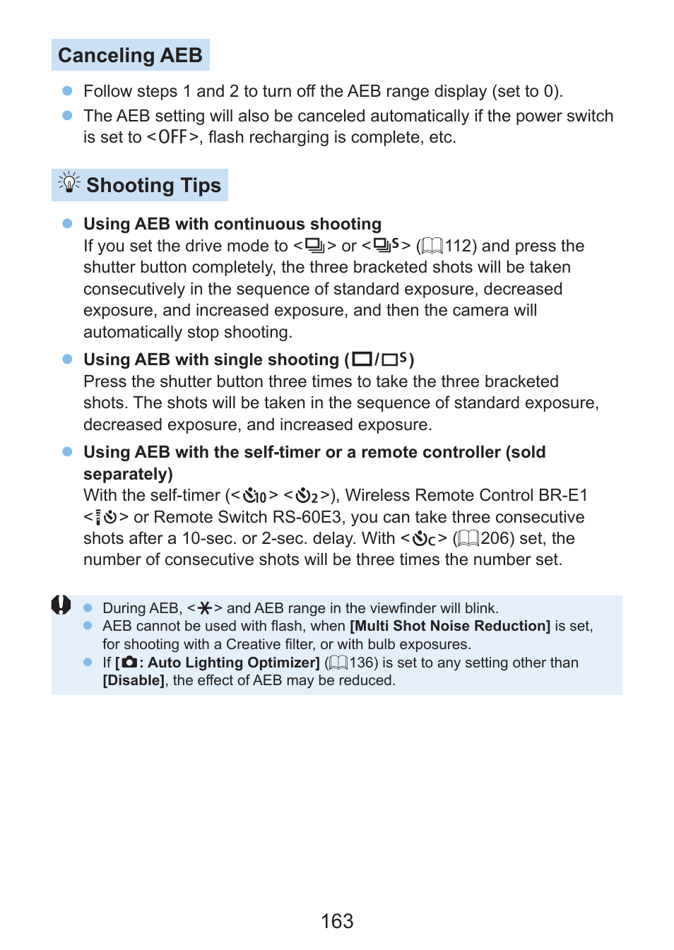 163 canceling aeb, Shooting tips | Canon EOS Rebel SL3 DSLR Camera with 18-55mm Lens (Black) User Manual | Page 163 / 493