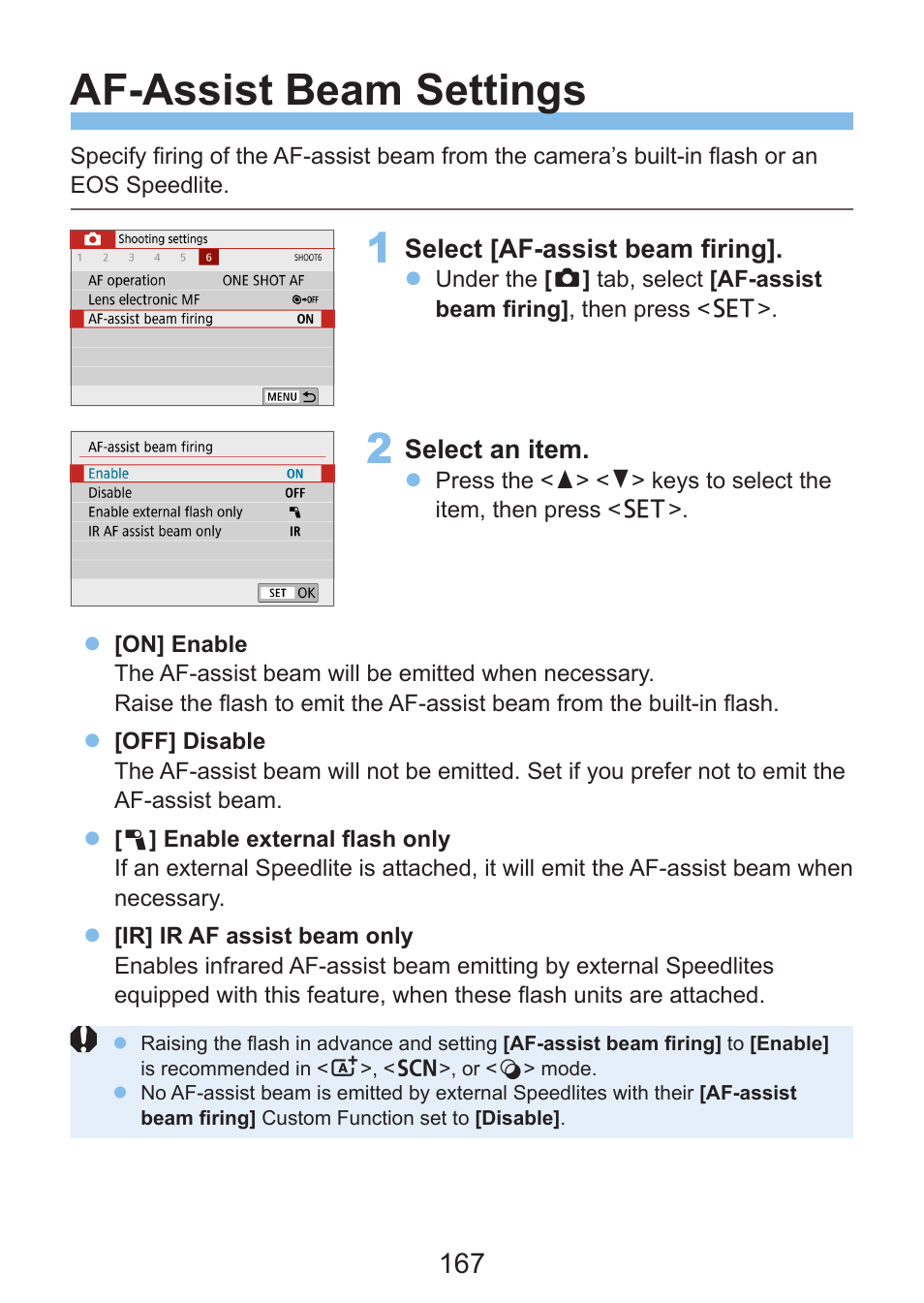 Af-assist beam settings, Af-assist beam | Canon EOS Rebel SL3 DSLR Camera with 18-55mm Lens (Black) User Manual | Page 167 / 493