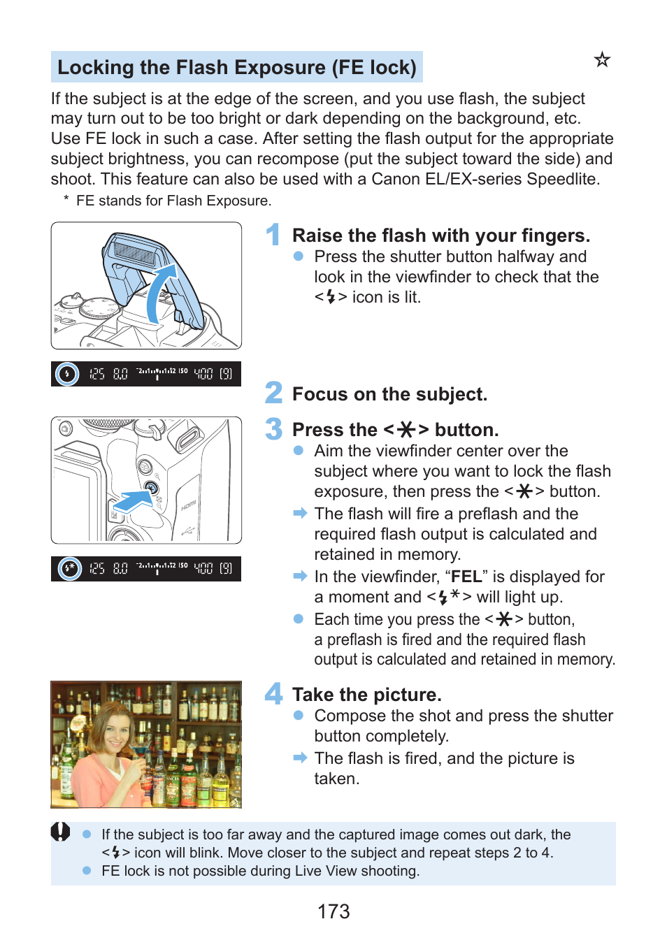 173 locking the flash exposure (fe lock) | Canon EOS Rebel SL3 DSLR Camera with 18-55mm Lens (Black) User Manual | Page 173 / 493