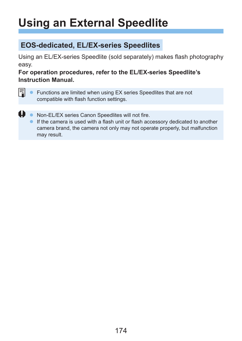 External flash, Using an external speedlite, Eos-dedicated, el/ex-series speedlites | Canon EOS Rebel SL3 DSLR Camera with 18-55mm Lens (Black) User Manual | Page 174 / 493