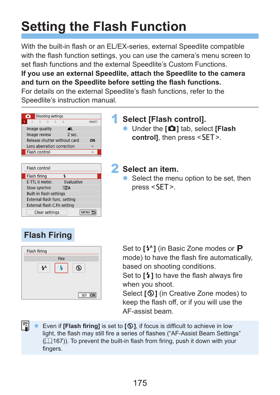 Setting the flash function, Flash firing | Canon EOS Rebel SL3 DSLR Camera with 18-55mm Lens (Black) User Manual | Page 175 / 493