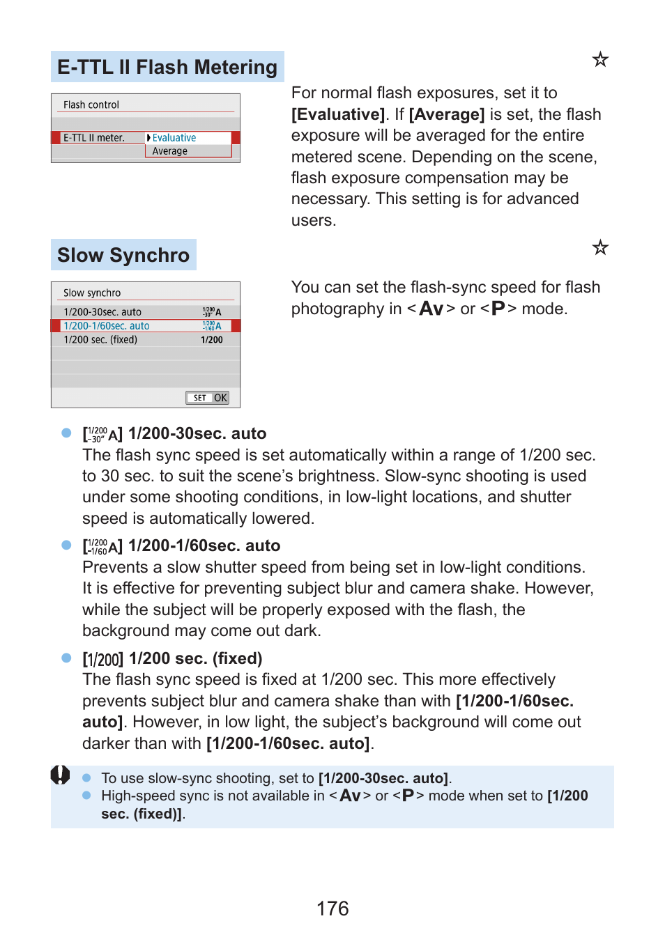 176 e-ttl ii flash metering, Slow synchro | Canon EOS Rebel SL3 DSLR Camera with 18-55mm Lens (Black) User Manual | Page 176 / 493