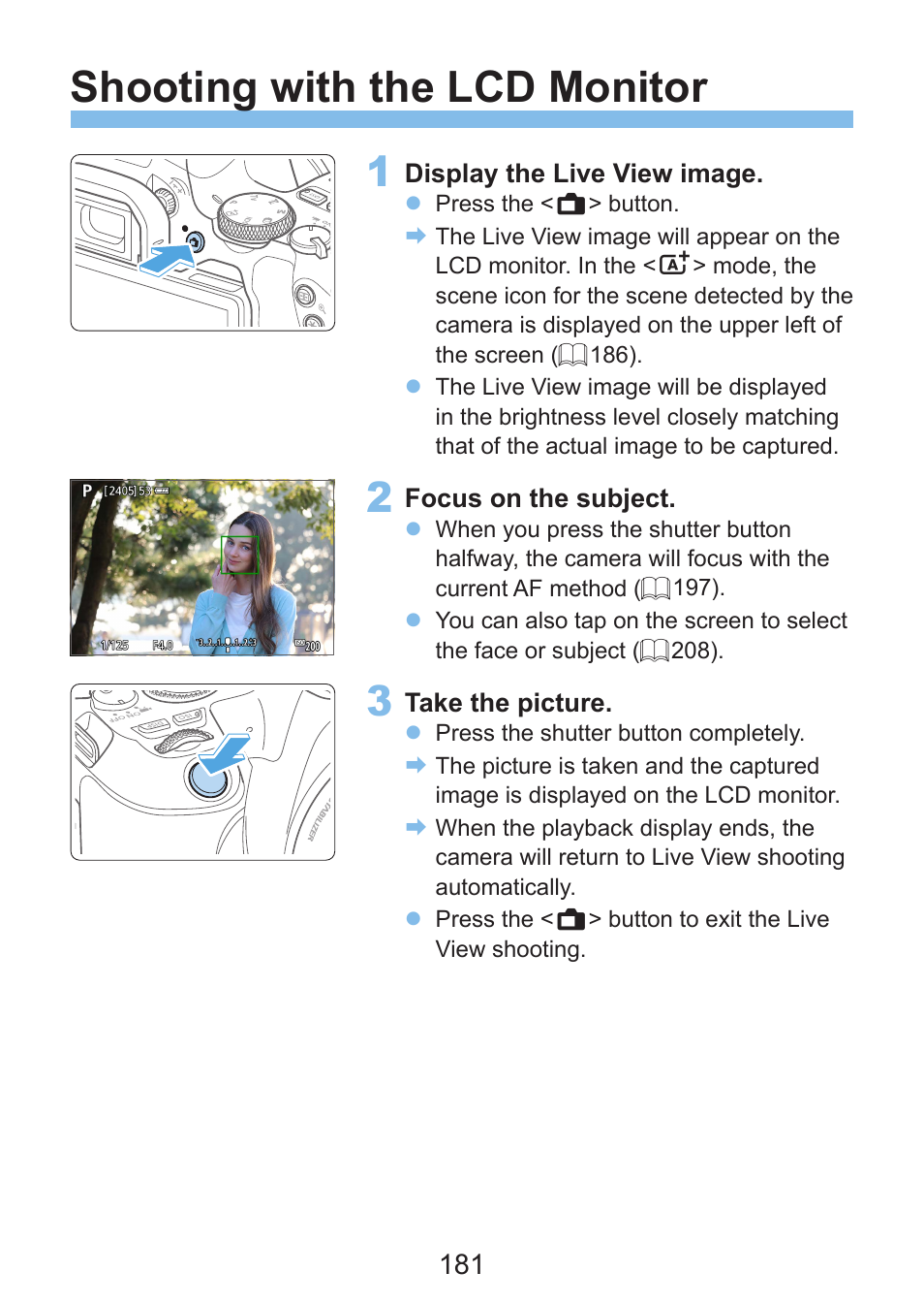 Shooting with the lcd monitor | Canon EOS Rebel SL3 DSLR Camera with 18-55mm Lens (Black) User Manual | Page 181 / 493