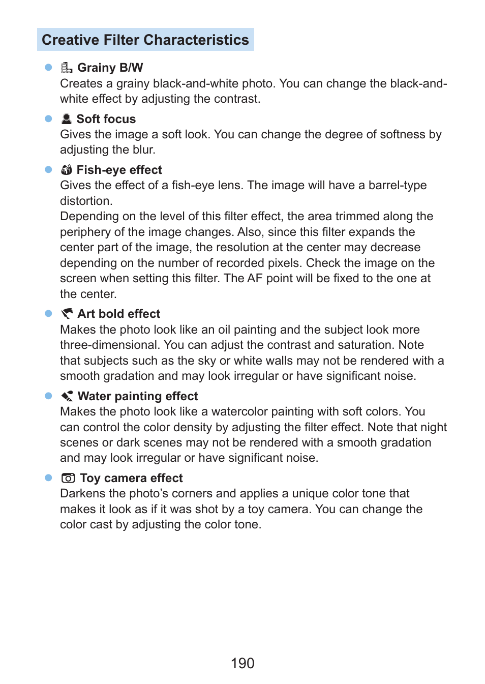 Fect, 190 creative filter characteristics | Canon EOS Rebel SL3 DSLR Camera with 18-55mm Lens (Black) User Manual | Page 190 / 493