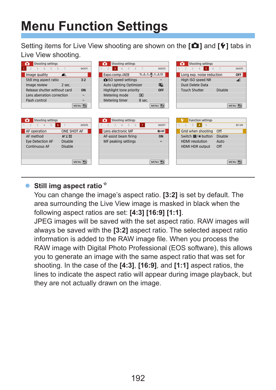 Menu function settings | Canon EOS Rebel SL3 DSLR Camera with 18-55mm Lens (Black) User Manual | Page 192 / 493