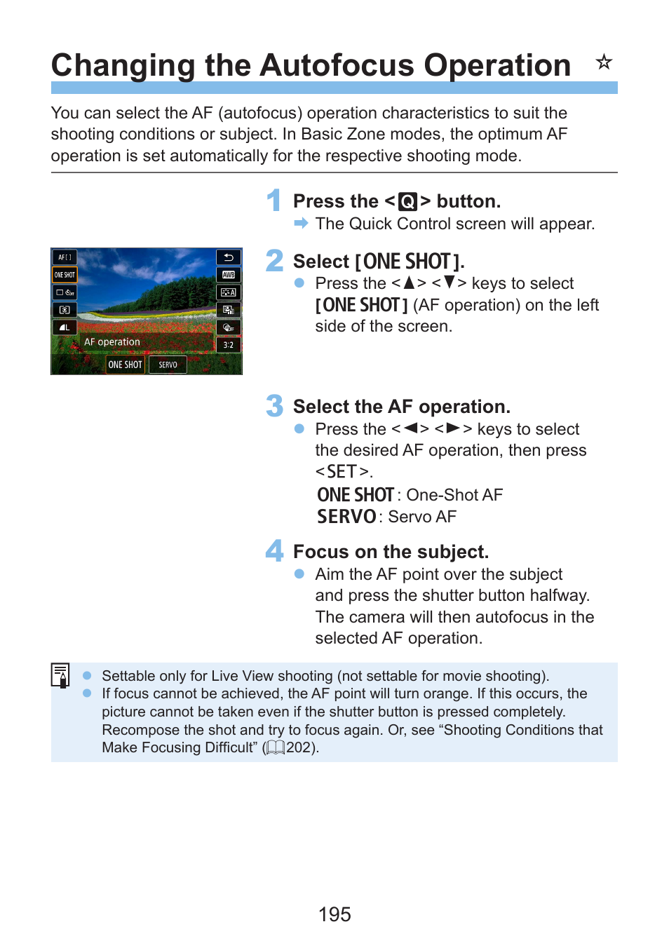 Af operation, Changing the autofocus operation | Canon EOS Rebel SL3 DSLR Camera with 18-55mm Lens (Black) User Manual | Page 195 / 493