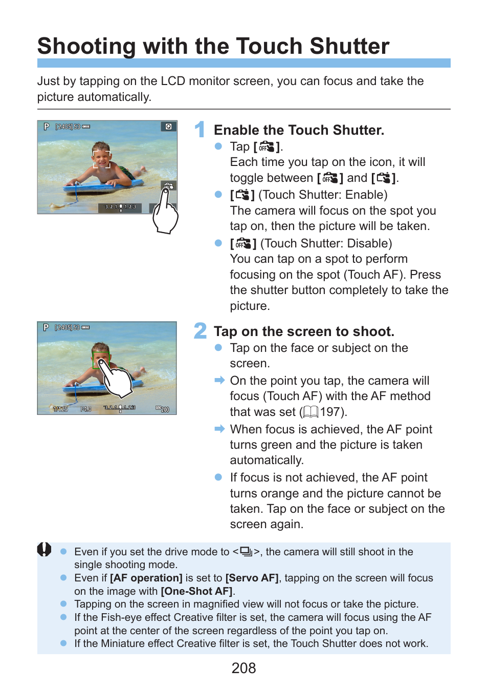 Shooting with the touch shutter, Ouch shutter | Canon EOS Rebel SL3 DSLR Camera with 18-55mm Lens (Black) User Manual | Page 208 / 493