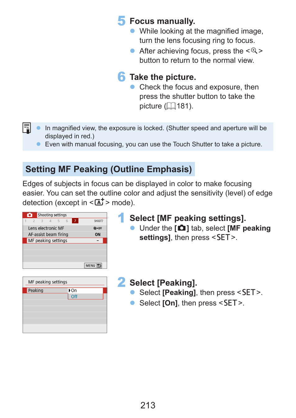 Setting mf peaking (outline emphasis) | Canon EOS Rebel SL3 DSLR Camera with 18-55mm Lens (Black) User Manual | Page 213 / 493