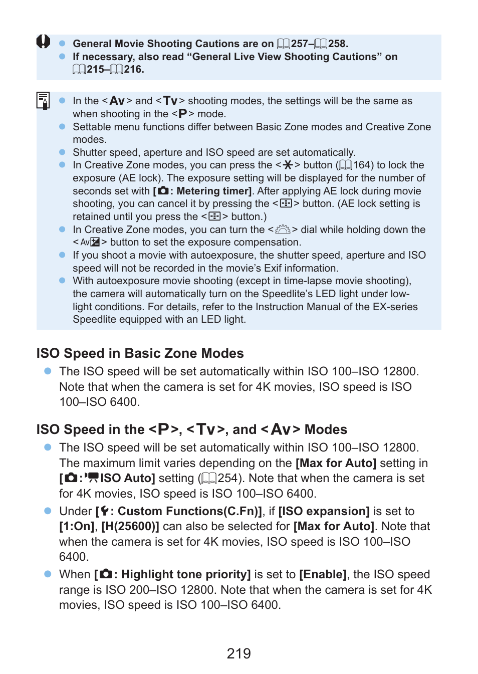 Regarding the iso speed during movie shooting, see, Iso speed in basic zone modes, Iso speed in the < d >, < s >, and < f > modes | Canon EOS Rebel SL3 DSLR Camera with 18-55mm Lens (Black) User Manual | Page 219 / 493