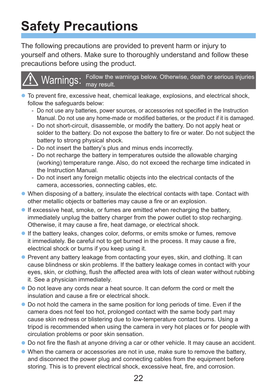 22) and “handling precautions, Safety precautions, Warnings | Canon EOS Rebel SL3 DSLR Camera with 18-55mm Lens (Black) User Manual | Page 22 / 493