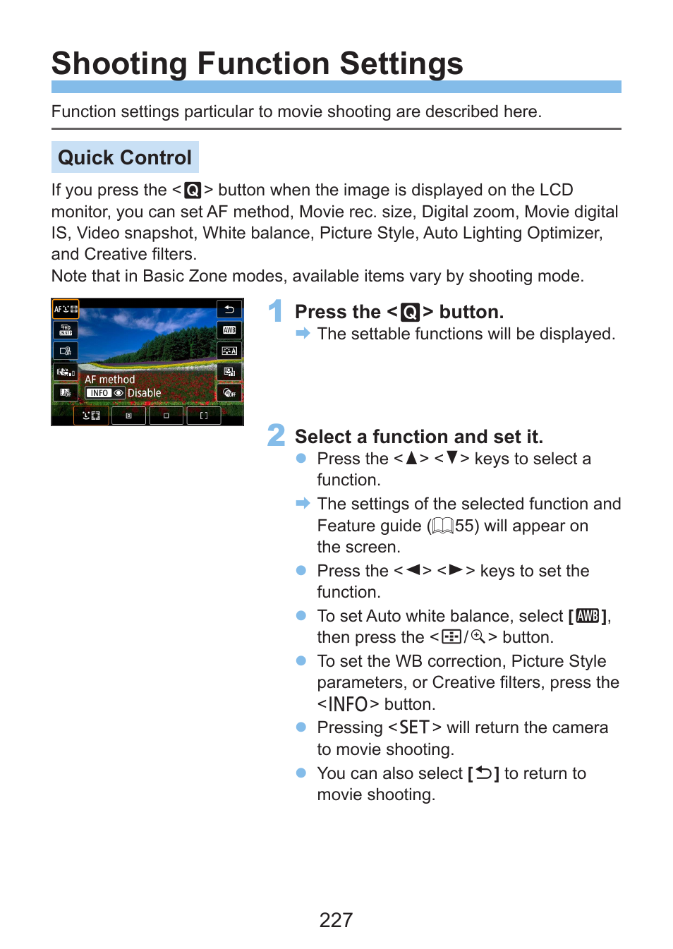 Shooting function settings, Quick control | Canon EOS Rebel SL3 DSLR Camera with 18-55mm Lens (Black) User Manual | Page 227 / 493