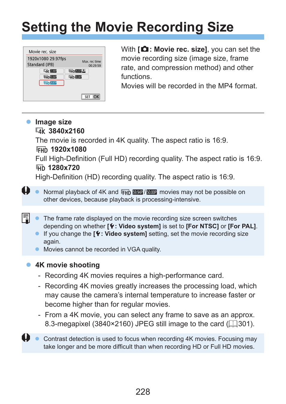 Setting the movie recording size | Canon EOS Rebel SL3 DSLR Camera with 18-55mm Lens (Black) User Manual | Page 228 / 493