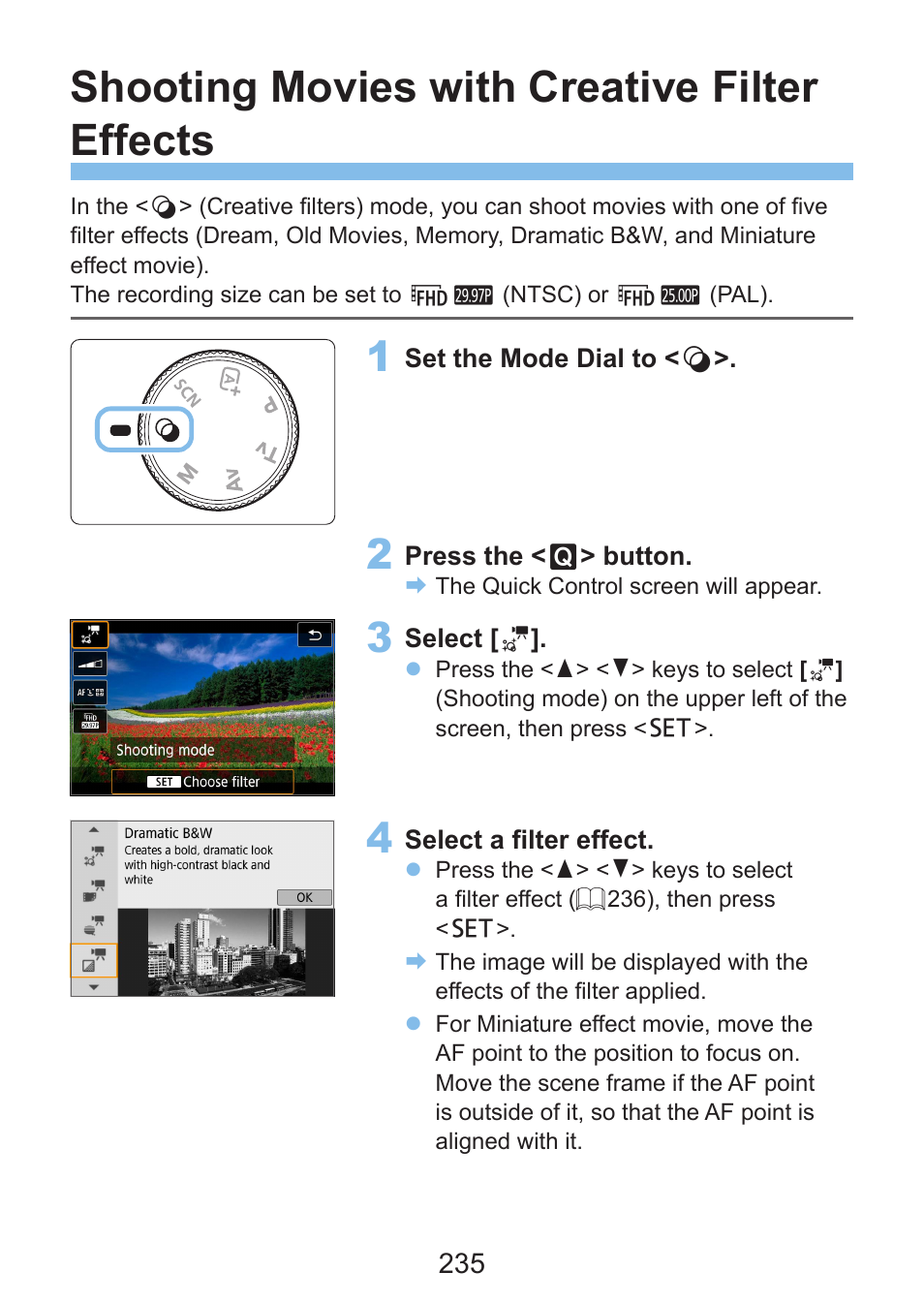 Shooting movies with creative filter effects | Canon EOS Rebel SL3 DSLR Camera with 18-55mm Lens (Black) User Manual | Page 235 / 493