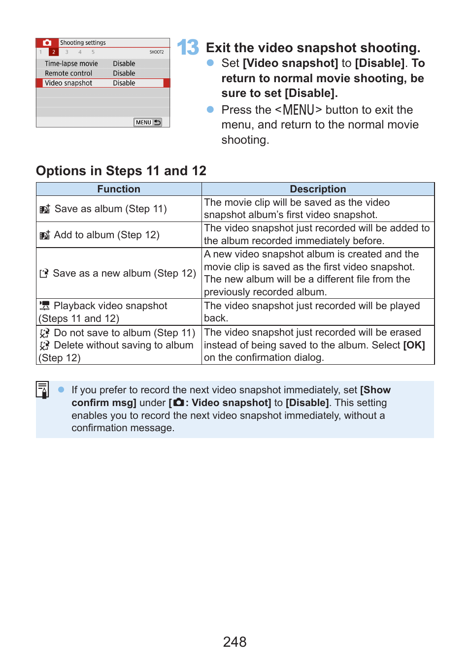 Exit the video snapshot shooting, Options in steps 11 and 12 | Canon EOS Rebel SL3 DSLR Camera with 18-55mm Lens (Black) User Manual | Page 248 / 493