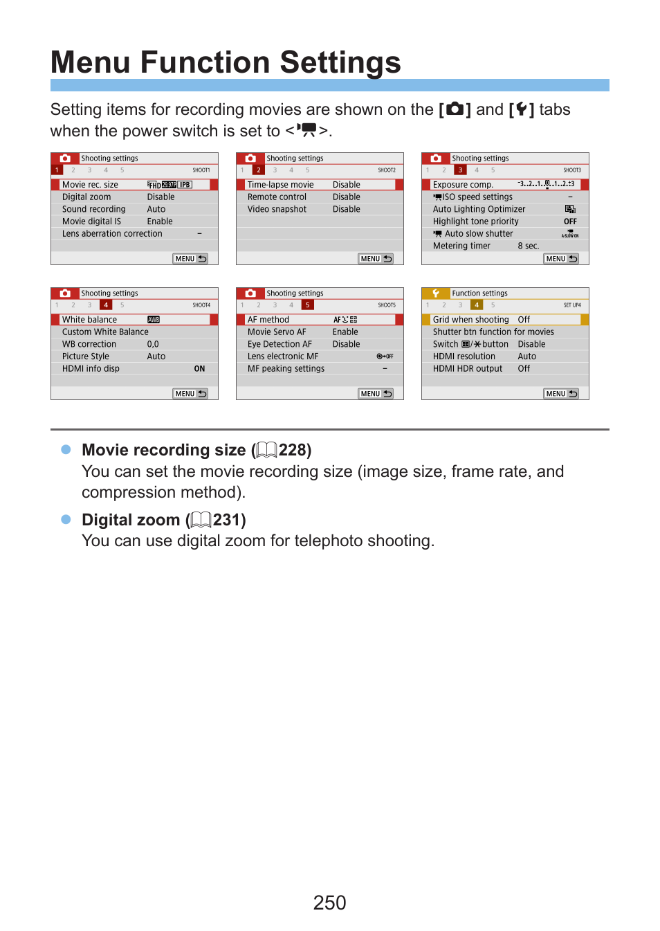 Menu function settings | Canon EOS Rebel SL3 DSLR Camera with 18-55mm Lens (Black) User Manual | Page 250 / 493