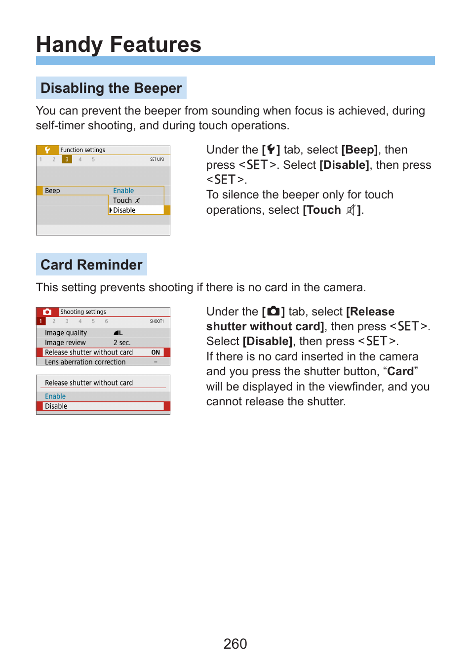 Beeper, Handy features, Disabling the beeper | Card reminder | Canon EOS Rebel SL3 DSLR Camera with 18-55mm Lens (Black) User Manual | Page 260 / 493