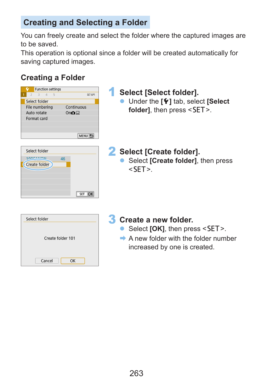 Creating and selecting a folder | Canon EOS Rebel SL3 DSLR Camera with 18-55mm Lens (Black) User Manual | Page 263 / 493