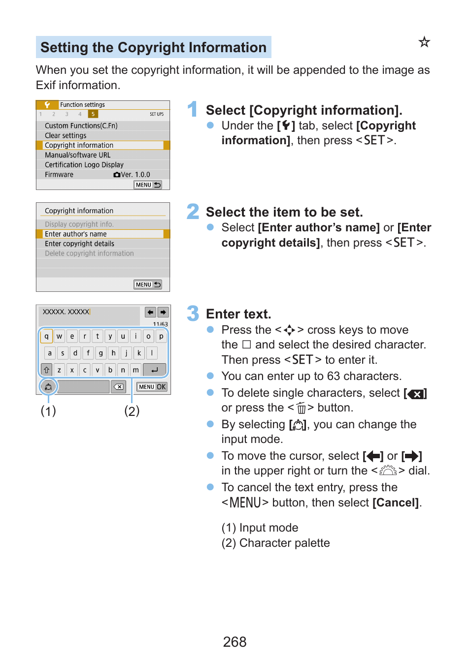 Setting the copyright information, 268 setting the copyright information | Canon EOS Rebel SL3 DSLR Camera with 18-55mm Lens (Black) User Manual | Page 268 / 493