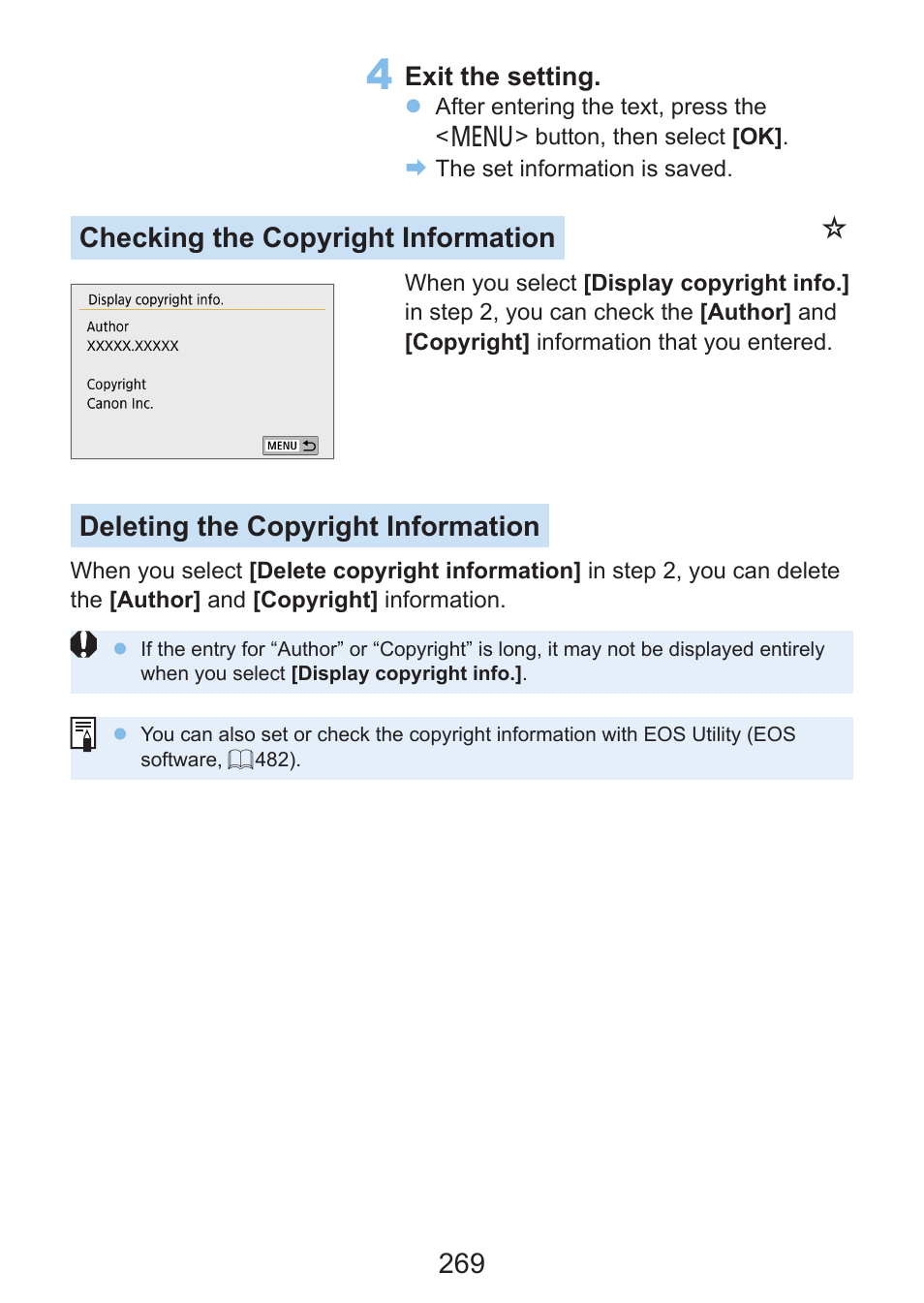 Checking the copyright information, Deleting the copyright information | Canon EOS Rebel SL3 DSLR Camera with 18-55mm Lens (Black) User Manual | Page 269 / 493