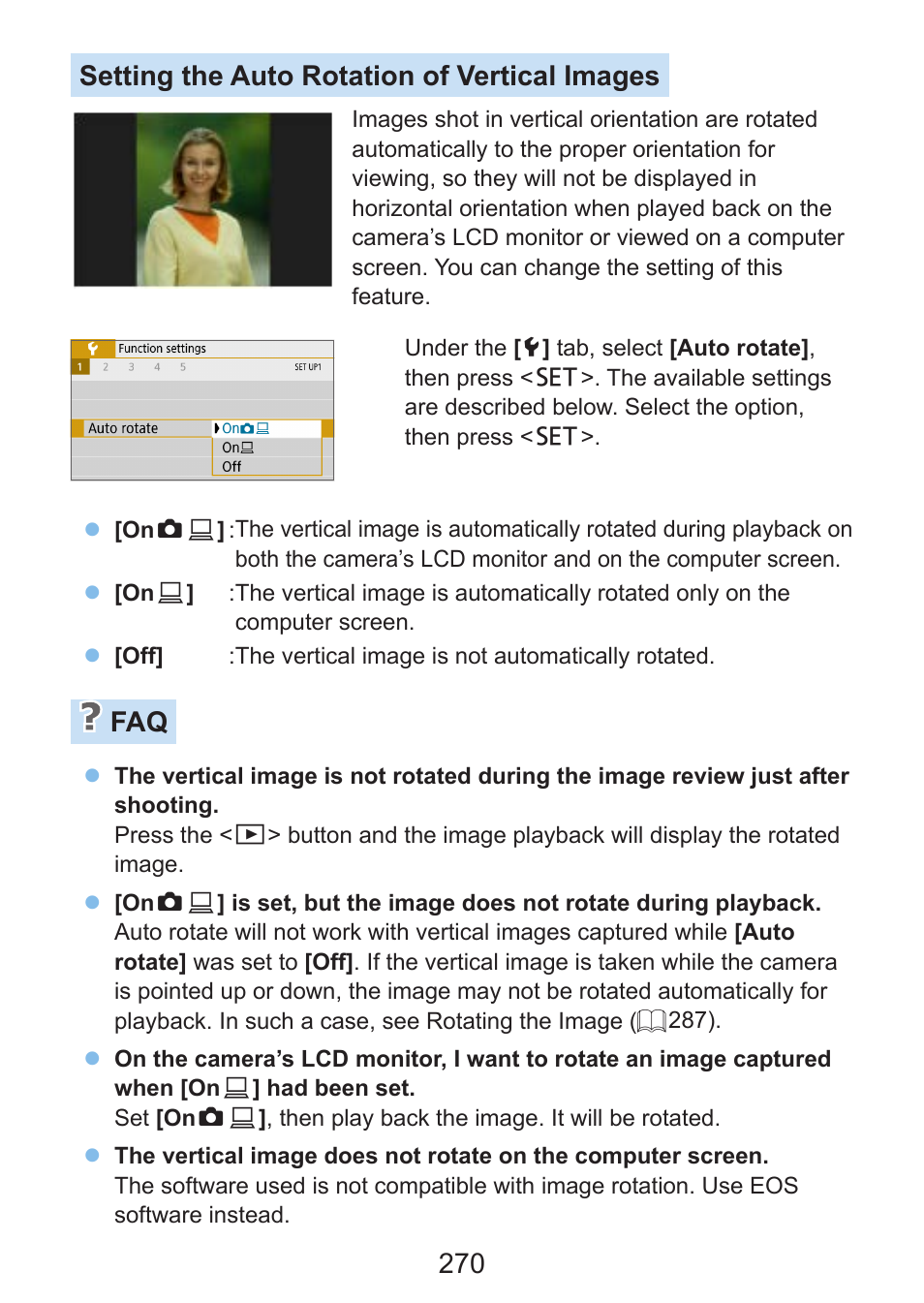 Setting the auto rotation of vertical images, 270 setting the auto rotation of vertical images | Canon EOS Rebel SL3 DSLR Camera with 18-55mm Lens (Black) User Manual | Page 270 / 493