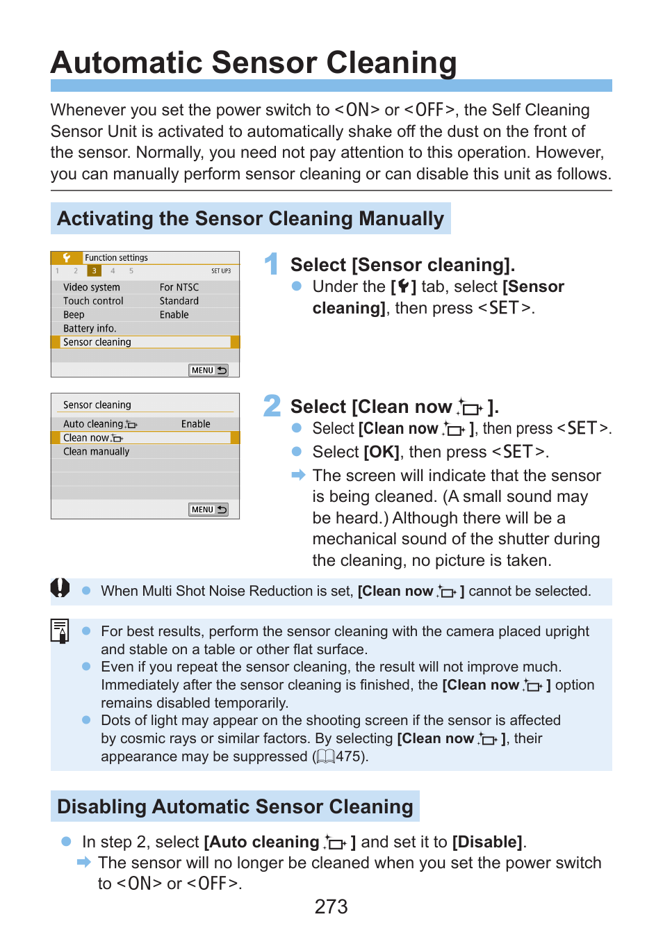 Automatic sensor cleaning, Activating the sensor cleaning manually, Disabling automatic sensor cleaning | Canon EOS Rebel SL3 DSLR Camera with 18-55mm Lens (Black) User Manual | Page 273 / 493