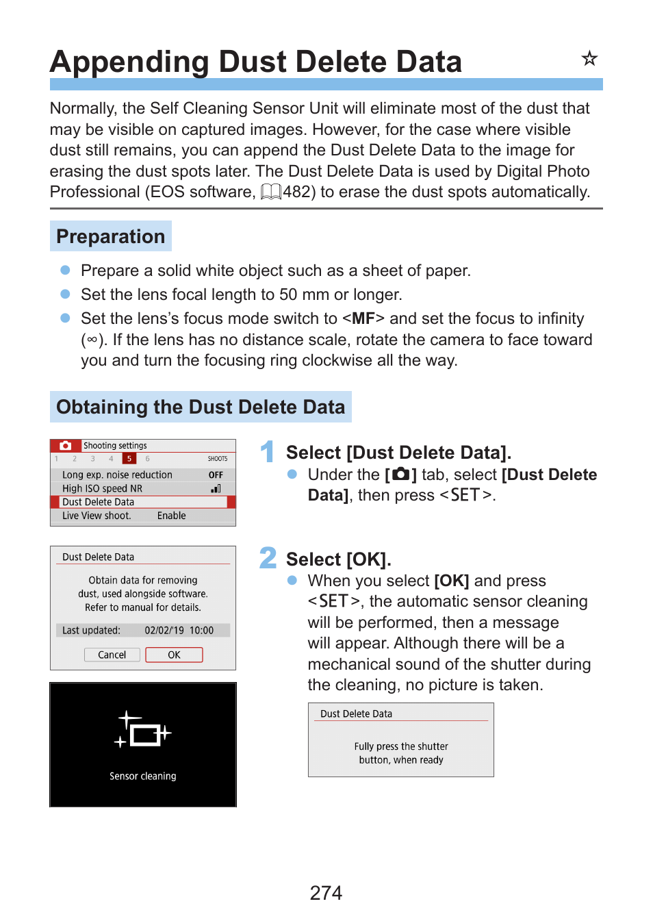 Appending dust delete data, Dust delete data, 274) will not be appended to images shot with fish | Canon EOS Rebel SL3 DSLR Camera with 18-55mm Lens (Black) User Manual | Page 274 / 493