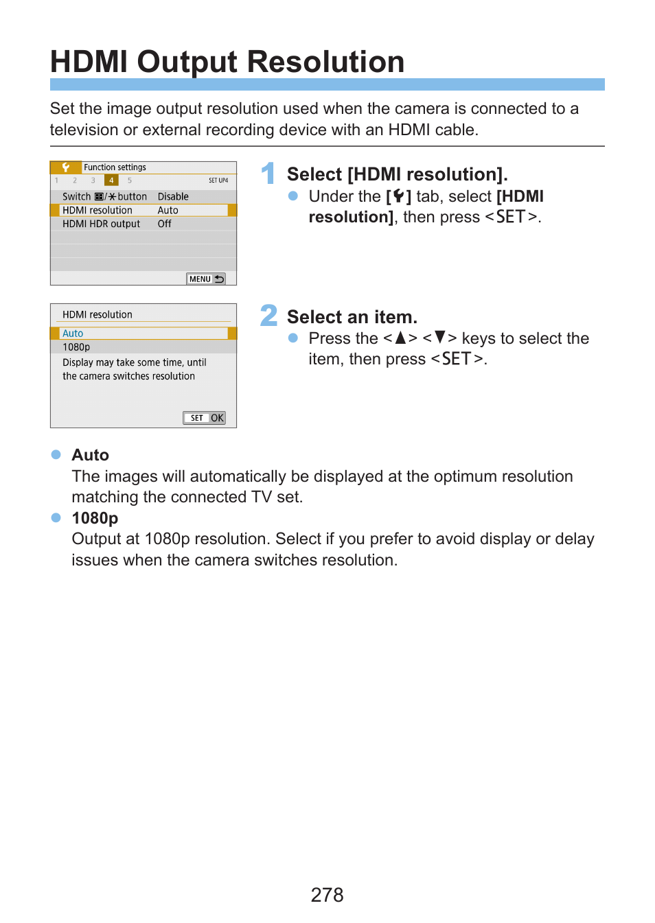 Hdmi output resolution | Canon EOS Rebel SL3 DSLR Camera with 18-55mm Lens (Black) User Manual | Page 278 / 493