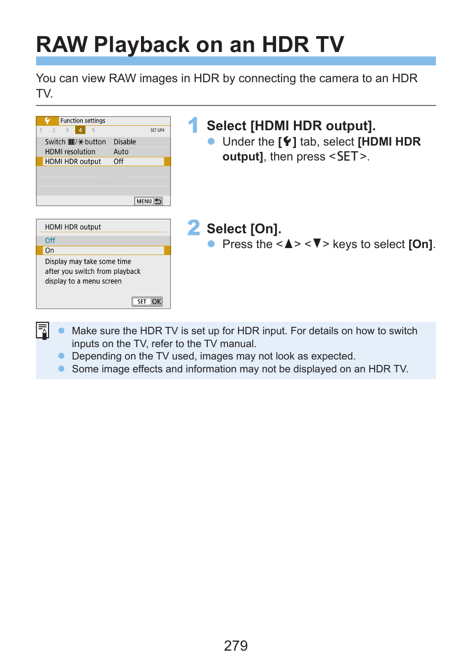 Raw playback on an hdr tv | Canon EOS Rebel SL3 DSLR Camera with 18-55mm Lens (Black) User Manual | Page 279 / 493