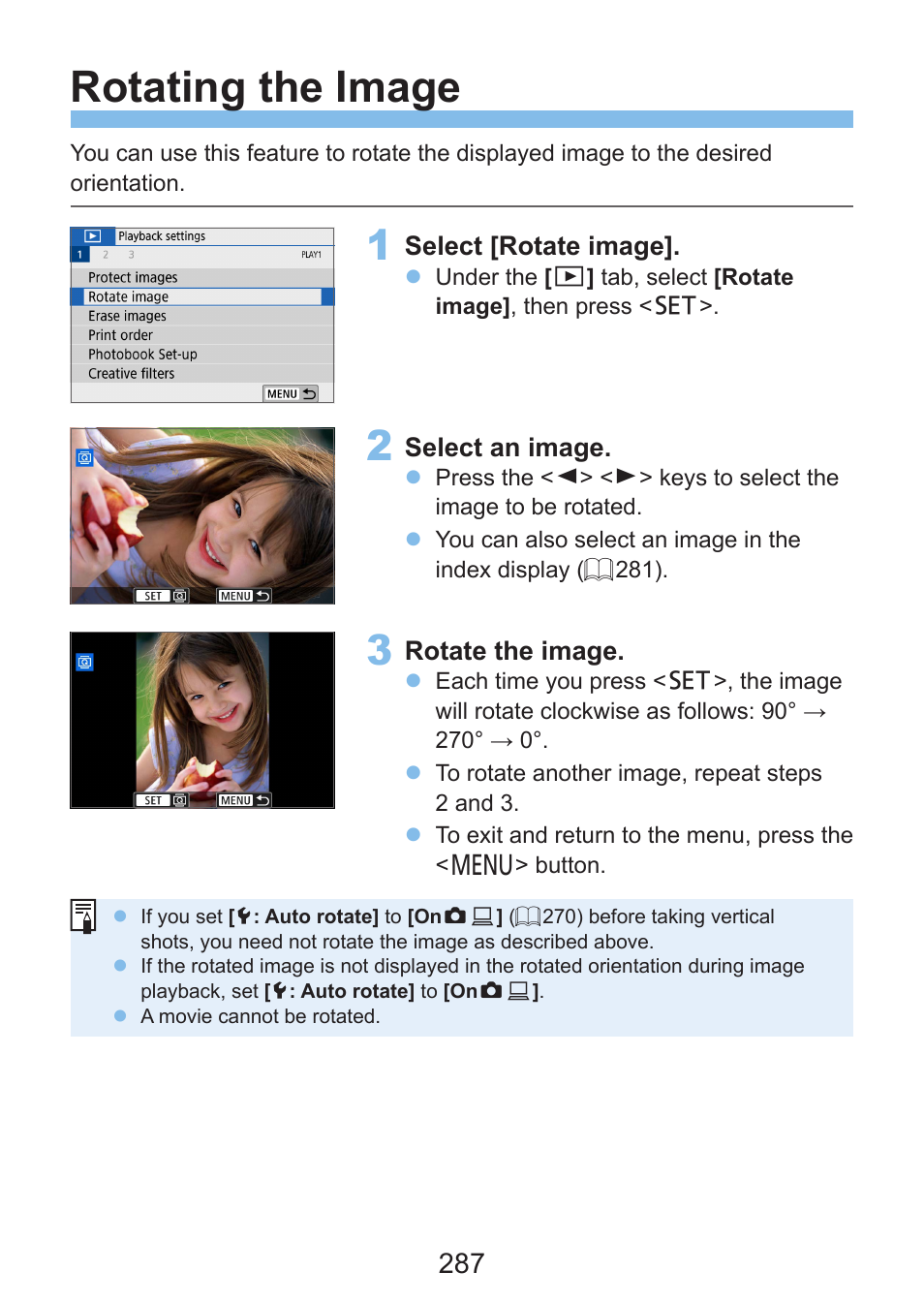 Rotating the image | Canon EOS Rebel SL3 DSLR Camera with 18-55mm Lens (Black) User Manual | Page 287 / 493