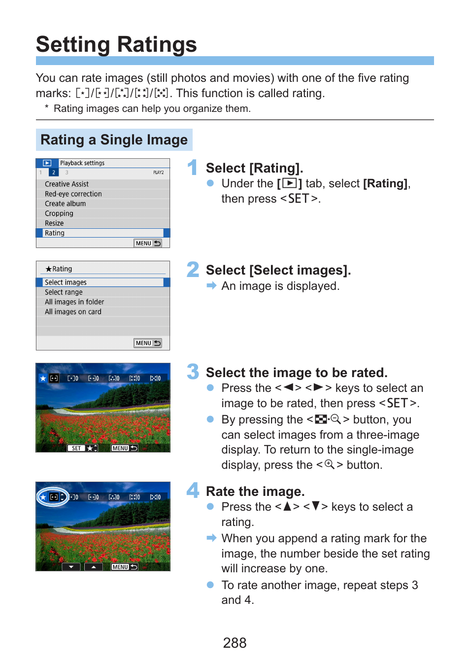 Rating, Setting ratings, Rating a single image | Canon EOS Rebel SL3 DSLR Camera with 18-55mm Lens (Black) User Manual | Page 288 / 493